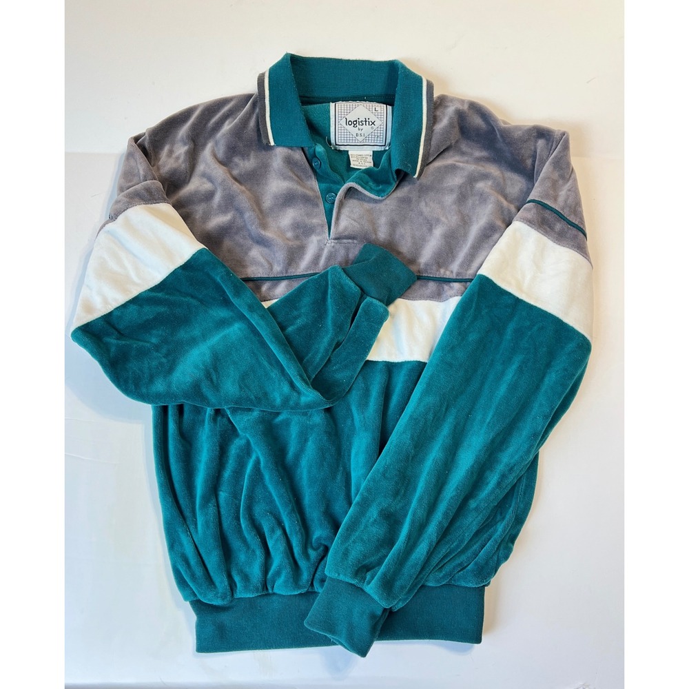 Logistix Mens Velour Colorblock Polo Shirt Long Sleeve Teal Grey Vintage Large